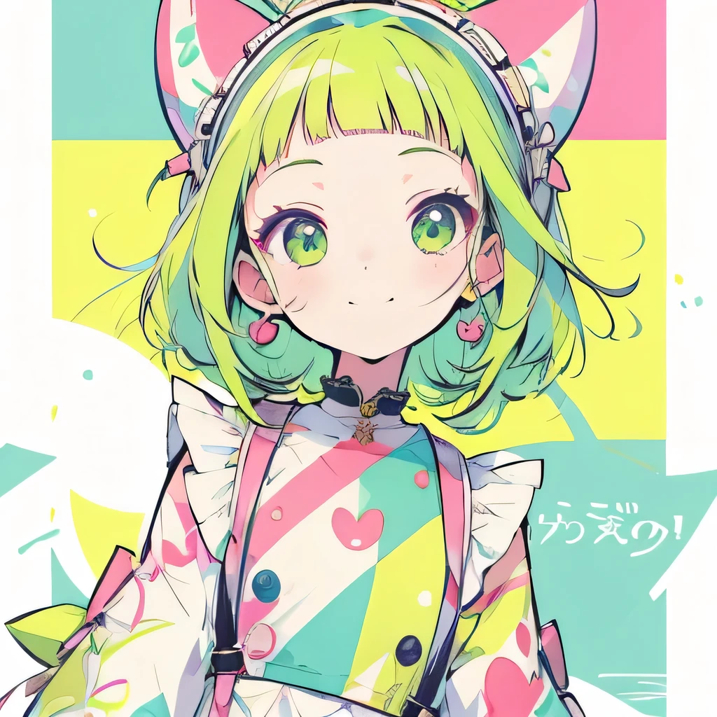 Girly girl, happy, colorful, flat, harajuku, posing, green hair, innocent, smiling, beautiful, face focus, face close-up, short bangs, childish, cute, bubbly