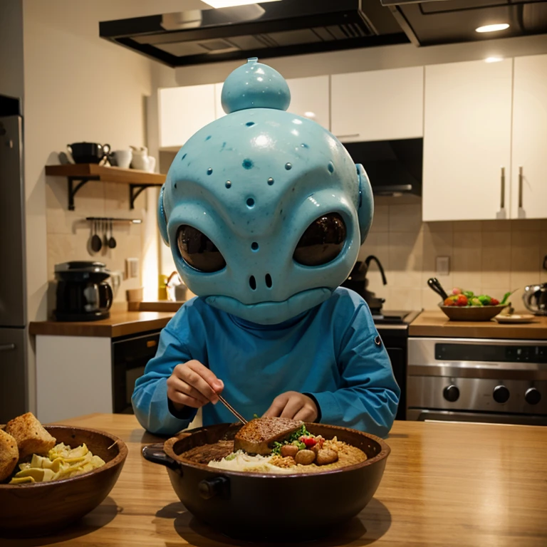 un alien comiendo en la cocina