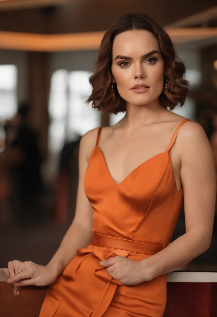 Daisy Ridley encharcada , alta e magra, com um busto muito volumoso e gigantesco bem maior estufado pra frente, cintura fina, com blusa de seda e saia na cor laranja combinando posando em uma boate, garota sexy , desfocar o fundo, melhor qualidade, 1 garota, selfie de uma jovem, ahne maquiagem, maquiagem natural, Look directly into the camera, cara com artgram, maquiagem sutil, Impressionante foto de corpo inteiro, no quarto, seios grandes, Midjourney