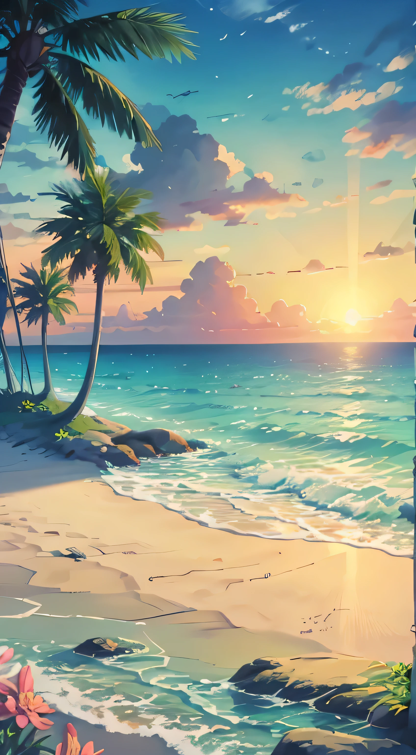 There are beaches but more beautiful, actual, and ethereal. The sand is soft and golden, The water is crystal clear, The sky is filled with soft colors. There are palm trees and exotic flowers along the coast, The breeze caresses the air. The sun is setting behind the horizon, Create a magical light. The scene was peaceful、peaceful, inviting viewers to unwind and relax,Enjoy the beauty of nature.
