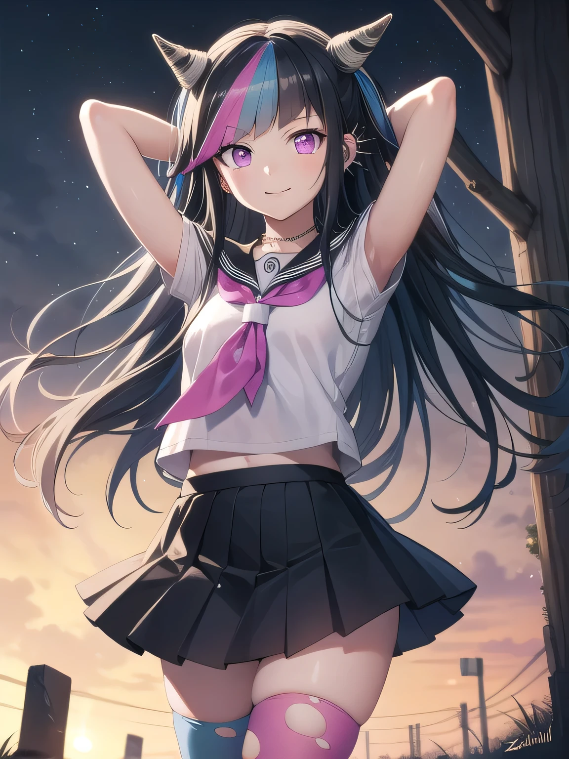 ibukimioda, ibuki mioda, black hair, blue hair, hair horns, ear piercing, lip piercing, long hair, multicolored hair, (pink eyes:1.5), pink hair, white hair,
BREAK asymmetrical legwear, black skirt, blue thighhighs, jewelry, mismatched legwear, neckerchief, necklace, piercing, pleated skirt, ring, , serafuku, shirt, skirt, thighhighs, torn clothes, torn thighhighs, zettai ryouiki,
looking at viewer, solo, night sky, forest, arms behind head, contrapposto, spread armpits, closed mouth, smile, upper body,
BREAK (masterpiece:1.2), best quality, high resolution, unity 8k wallpaper, (illustration:0.8), (beautiful detailed eyes:1.6), extremely detailed face, perfect lighting, extremely detailed CG, (perfect hands, perfect anatomy),