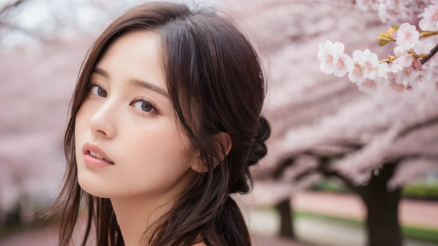 ((highest quality, 8K, masterpiece: 1.3)), sharp: 1.2, perfect body beauty: 1.4, slim abs: 1.2, ((layered hairstyles, big breasts: 1.2)), (cherry blossoms, street: 1.2), Wet: 1.5, Highly detailed face and skin texture, fine eyes, double eyelid, profile looking at camera