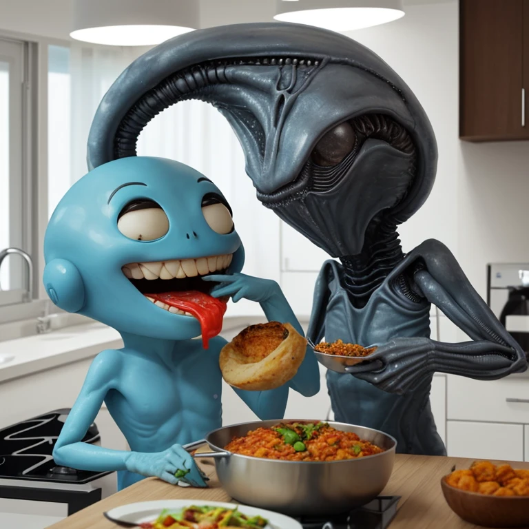 un alien comiendo en la cocina