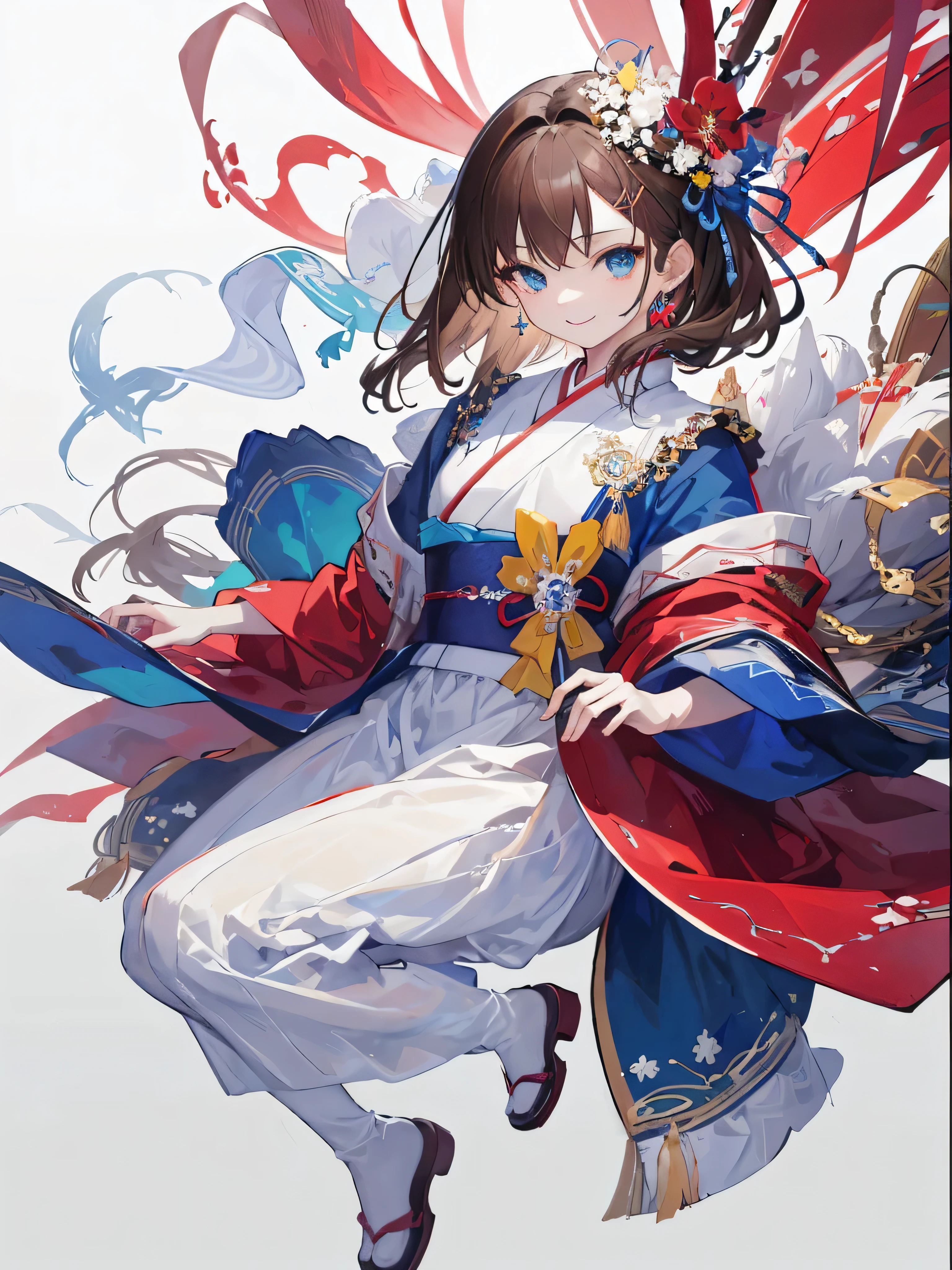 Incredible resolution, high resolution, (masterpiece:1.4), Hyper-detailing, glossy details, Anime young woman with dark-brown hair, blue eyes, wearing a white hanbok with royal-blue details and red dress, with a gentle smile, korean hairpin on her head, full body render