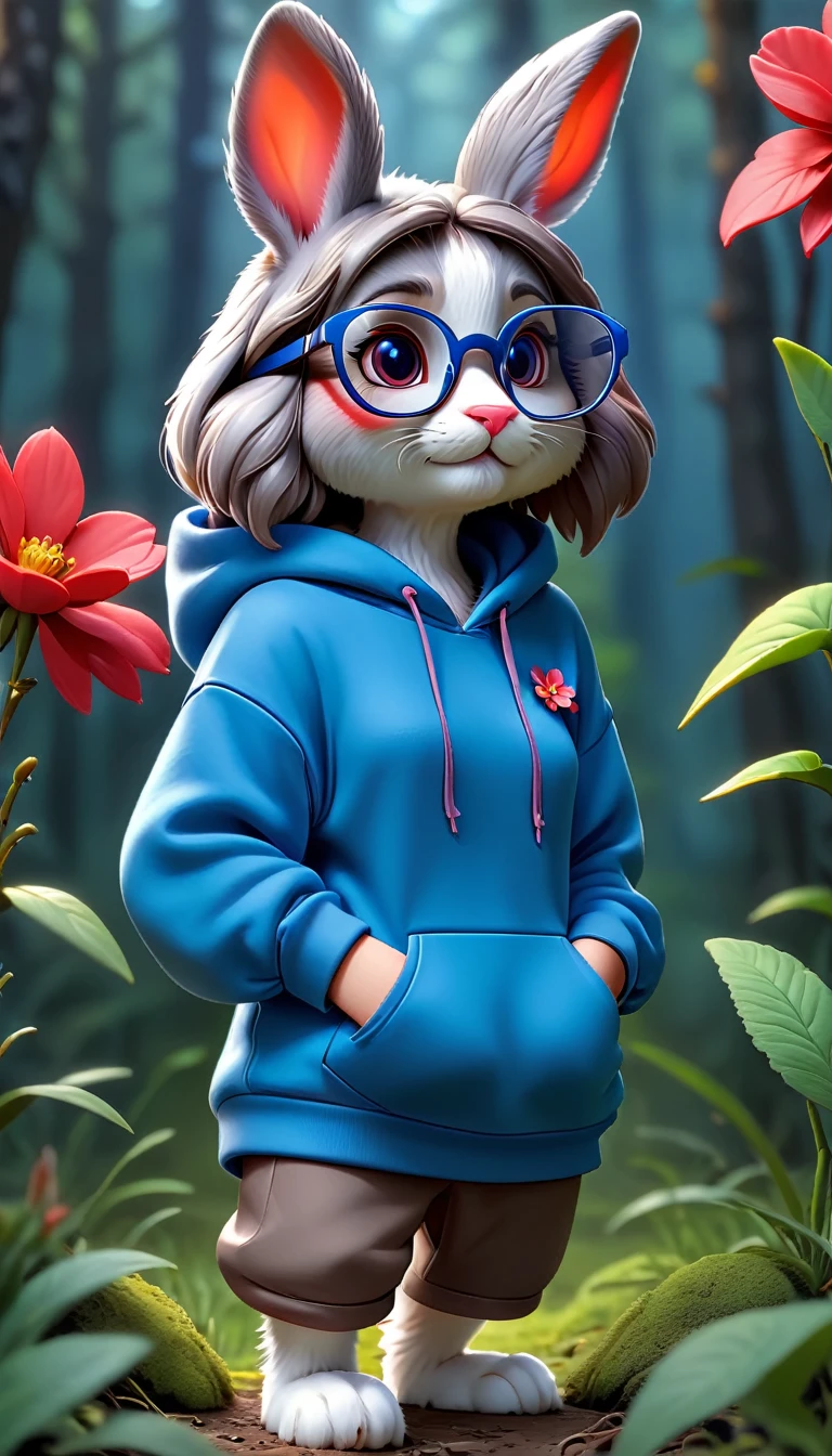 Cute rabbit,hairy,Wearing an blue hoodie,Wearing cute glasses。It is female,Because there is a bright red flower on its head.。Stroll through the forest where various animals live.,, Disney and Pixar style, cute numbers, comic characters, 3D rendering, bright lights, bright colors,High level of image quality、for a great job