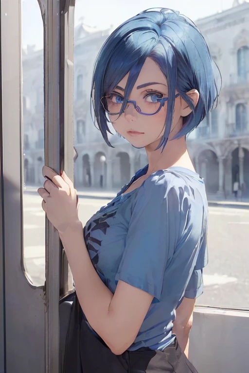 ((Mejor calidad)), ((obra maestra)), (detallado))((tren lleno, Una mujer muy linda con una minifalda azul muy, muy corta..))((vistiendo una camisa abierta escotada blanca: 1.0k, Photography, obra maestra, Mejor calidad, fondo gris oscuro, ((1 girl with blue eyes and beautiful short blue hair., ella usa gafas de lunas trasparentes en su hermoso rostro, )), culo grande pechos enormes vistiendo, poses variadas.((pechos enormes :1.4)), cara ultra detallada, ojos detallados.