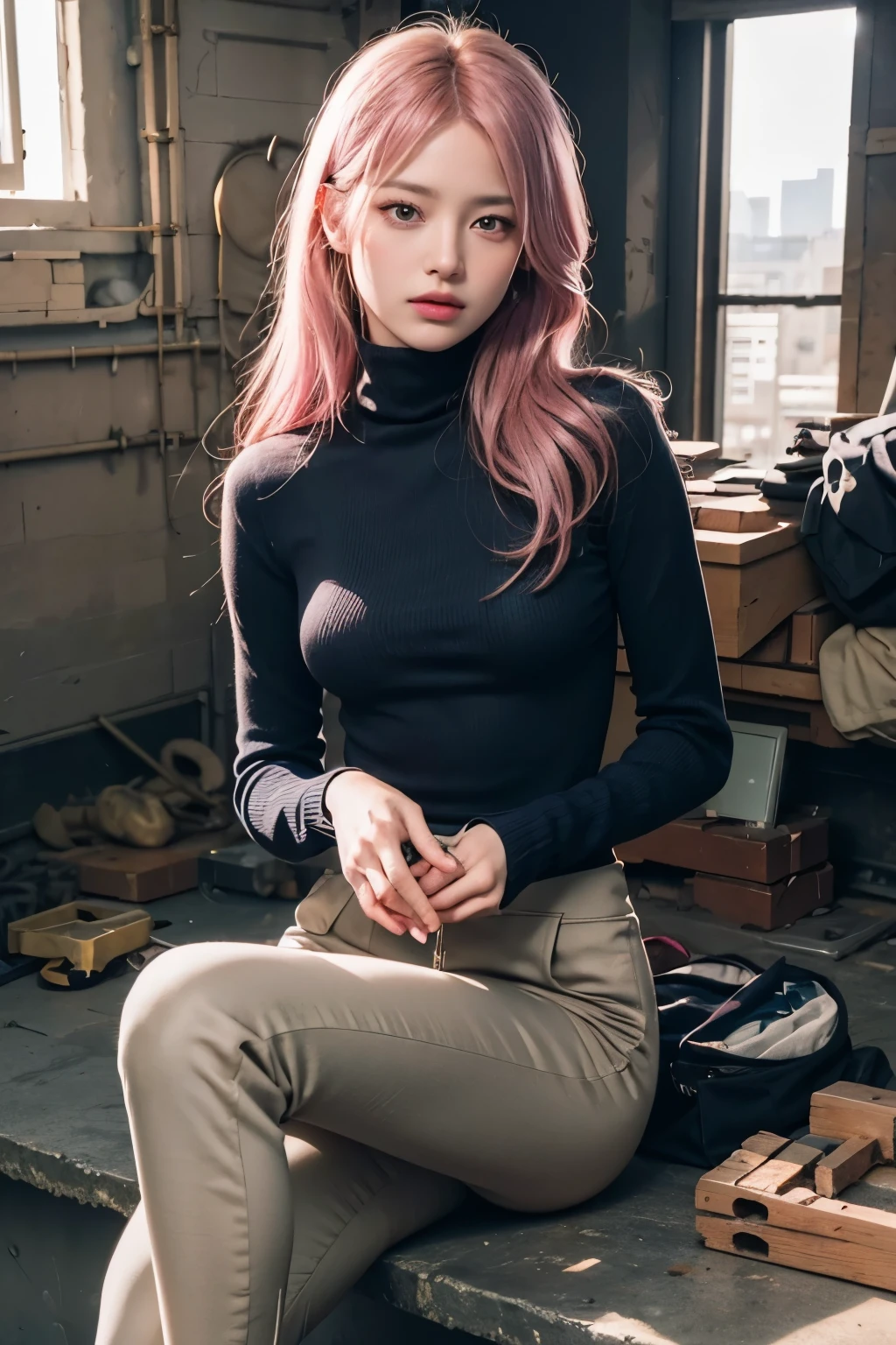 (high quality:1.2), woman, 1 girl, (8K, top-quality, masterpiece:1.2), (realistic, Photorealistic:1.37), Super Detail, One girl, (Highly detailed), (beautifully detailed eyes), (of the highest quality), (super detailed), (masterpiece), (Detailed face), 20yr old, 1 girl, ((pink hair, long hair)), medium breasts, clothed, Perfect Lighting, BREAK (deep navy blue blazer:1.3), (fitted bodysuit:1.4), (cropped turtleneck sweater:1.5), (high-waisted slim-fit pants:1.4), (bodycon silhouette:1.3), (gold buttons:1.2), (short stockings:1.2), (ankle boots:1.3), (simple gold necklace:1.2), (wristwatch:1.2), BRAKE (pink long hair:1.2), (serious expression:1.3), (holding helmet:1.4), (holding tools:1.5), (looking at feet:1.6), (construction site background:1.7), (natural light:1.8)