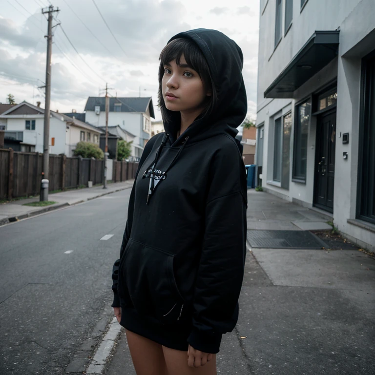 ((Monocrhome)), dark, (capucha) beautifull, cute, chiaroscuro, black and white, 90s girl, minimalistic, beautifull, ((photoshot)), wearing a hoodie, black clothes, girl with pixie cut hairstyle, woman, dark background highlighting the figure. Natural lighting, stunning realism, minimalistic, streets background, neighbourhood, thoughtful expression, sky, clouds, blurred background, (hoodie on), future bass, nadia.