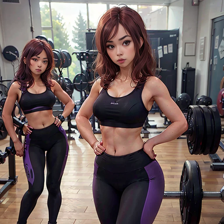 Masterpiece, best quality, detailed face, 1woman, toned body, sexy body, auburn hair, black sports bra, purple yoga pants, standing, one hand behind back, one hand on hip, in the gym, looking at viewer, neutral face