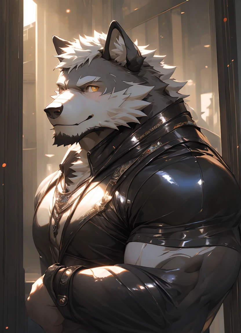 A boy stands outside the door,hairy,very detailed,wolf,gray fur,white hair,golden pupils,muscular,smile(blushing 1.1),(black rubber catsuit 1.2),(best quality,4k,8k,highres,masterpiece:1.2),ultra-detailed,(realistic,photorealistic,photo-realistic:1.37),HDR,UHD,studio lighting,ultra-fine painting,sharp focus,physically-based rendering,extreme detail description,professional,vivid colors,bokeh,portraits,landscape,horror,anime,sci-fi,photography,concept artists.