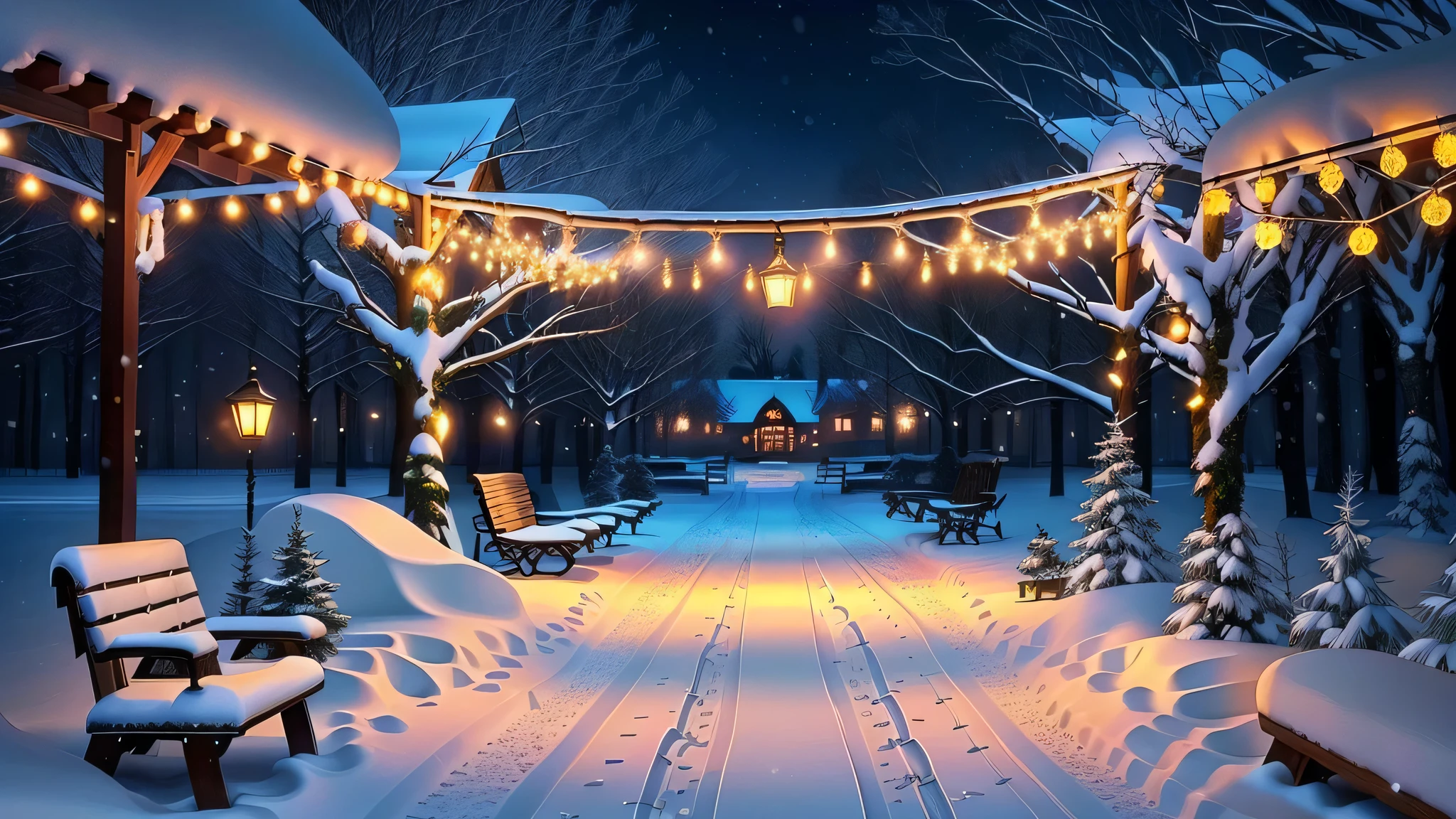 snowy path with benches and string lights in a park, snowy winter christmas night, light snowfall, cozy lights, winter setting, beautiful winter area, snowy night, snowfall at night, snowy winter scene, winter scene fantasy, winter wonderland, cosy enchanted scene, winter night, fairy lights, snowy winter, winter atmosphere, perfect lighting in a snow storm, glowing snow, cozy setting