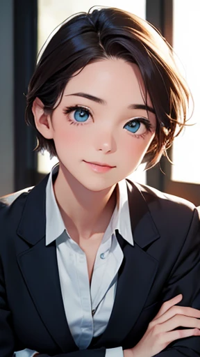 highest quality、realistic、Japanese、girl、zoom、look up、cute、Turquoise eyes、very short hair、boyish、chestnut hair、all back、The forehead is out、classroom、Blazer type、sit down、A big smile on her face, her chin resting on her hand、close up face、slender、small breasts