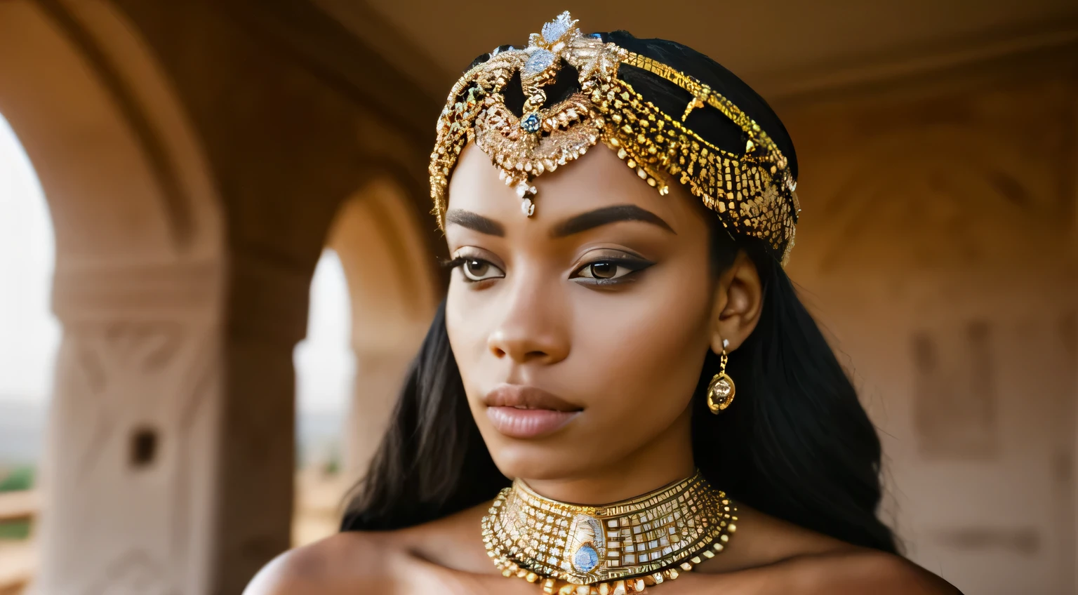 A mesmerising, photo-realistic portrayal of African Princess Kiana Limber, adorned in regal Egyptian ornaments, reminiscent of a queen of antiquity. The backdrop of Egyptian ruins adds an aura of mystery and grandeur to the photo session, captured skillfully by Dennysom. Canon EOS 6D Mark II; Kodak Portra 400 film; F/8; perfect focus; Photo-realistic, Natural Light;., photo, cinematic