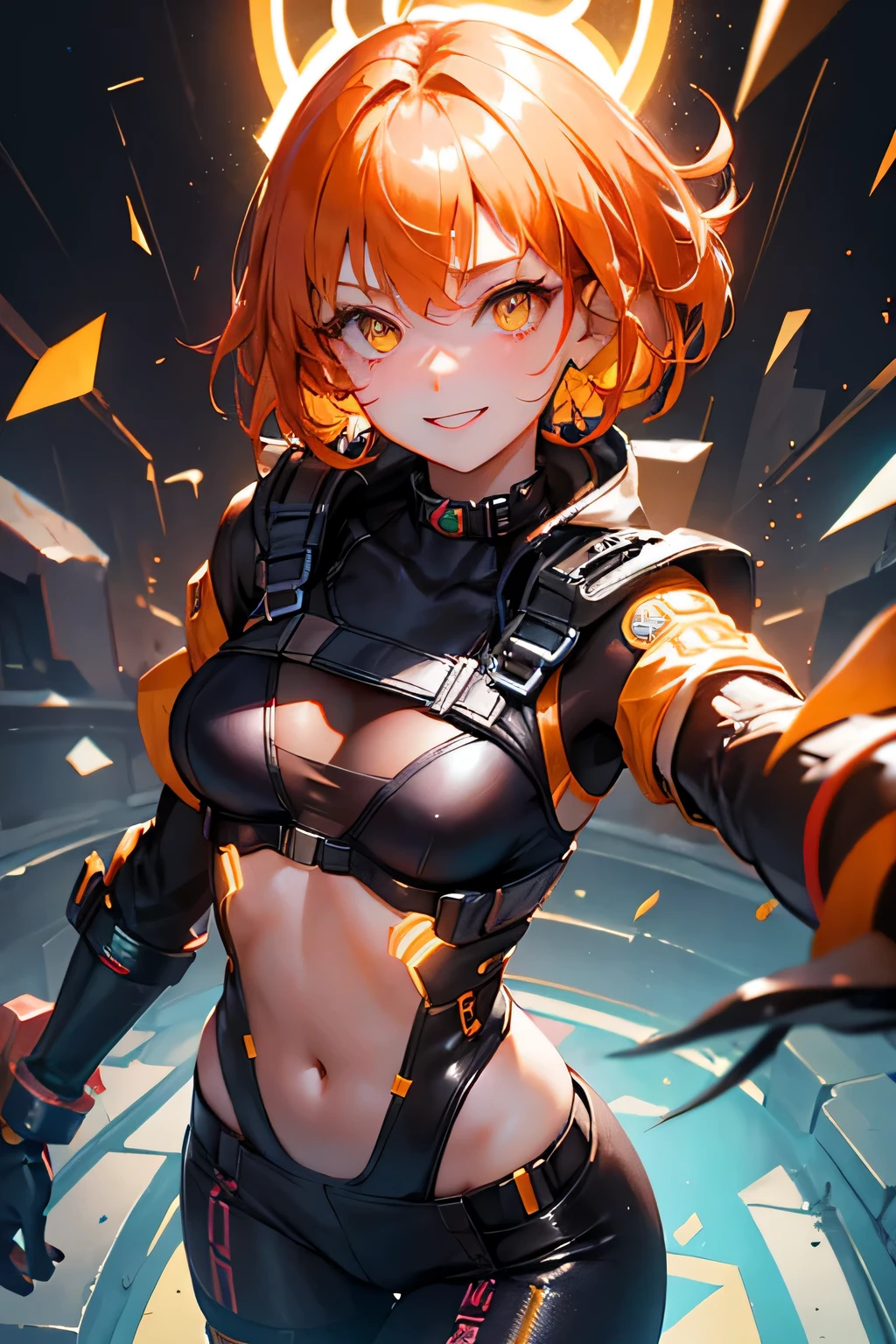 girl in cyberpunk costume、1 person、orange brown hair、yellow eyes、short hair、luster、glosischievous smile、lively look、beautiful、Honey Core、Hozuki scattered background、bold pose、action