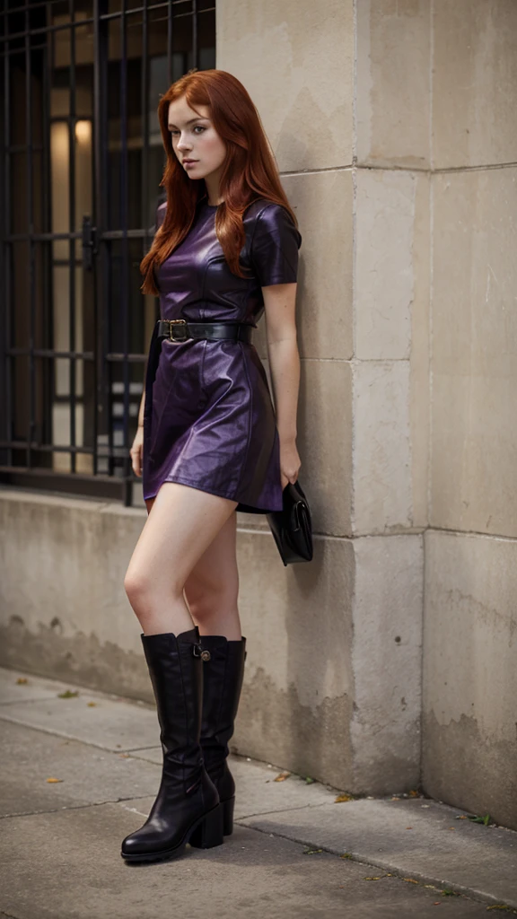  A young red-haired woman wearing a short purple dress, and wearing black leather boots; 
