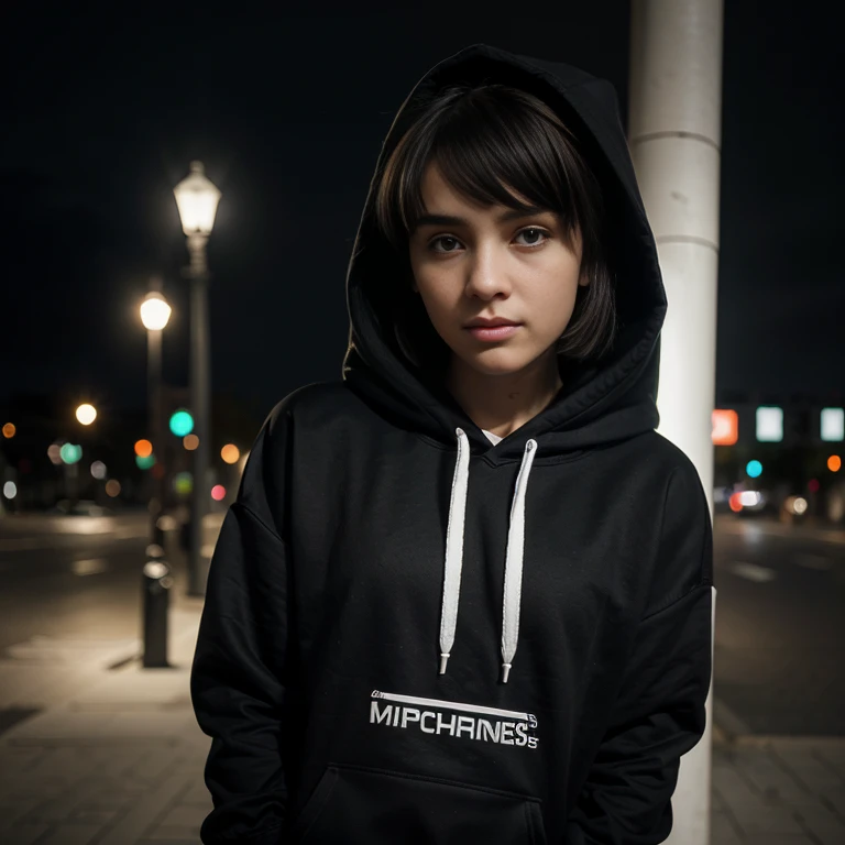 ((Monocrhome)), blurred background, dark, (capucha) determined, cute, chiaroscuro, black and white, 90s girl, minimalistic, beautifull, ((photoshot)), wearing a hoodie, black clothes, girl with pixie cut hairstyle, woman, dark background highlighting the figure. Natural lighting, stunning realism, minimalistic, boulevard, city bouildings, night lights, sky, clouds, (hoodie on), future bass, nadia.