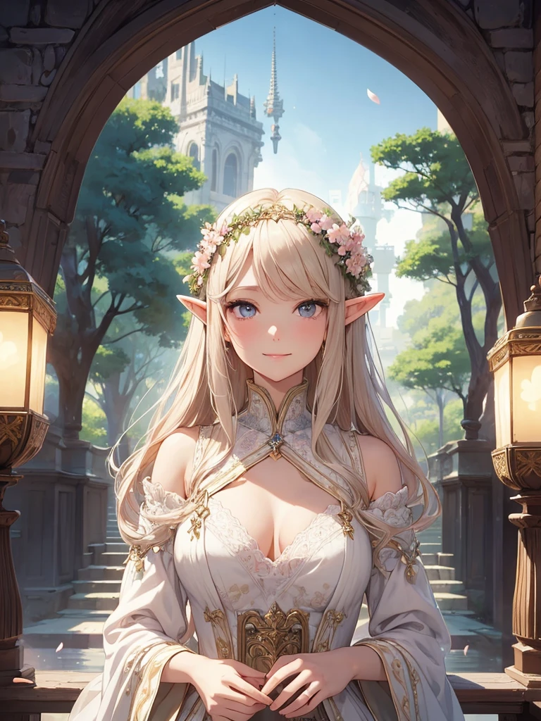 Beautiful elf beauty 、beautiful dress、a lot of cherry blossom、fantasy、sexy、friendly smile、spectacular scenery、fantasy、magic light、magical gentle light 、starrynight,universe、blonde、big breasts、bust 90、Elven Forest、beautiful decoration、art nouveau、Alphonse.Mucha、byzantine、Lord of the Ring、renaissance、falling petals、ART、UHD、highest quality、masterpiece