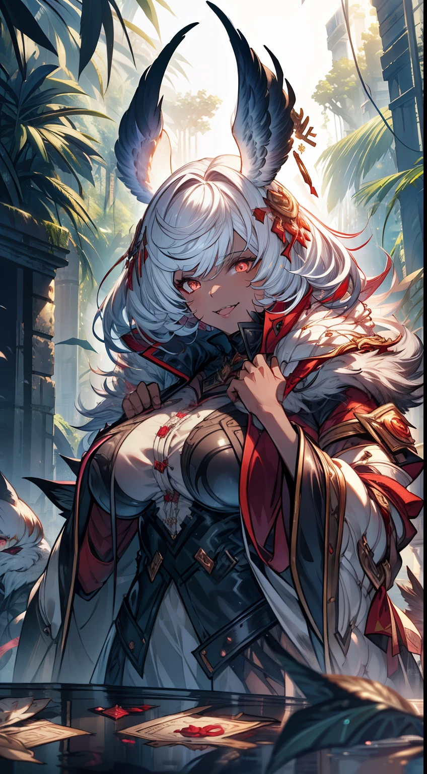 realistic photo of slaved (savage, tribal, jungle)_vampire with (white hair), bat fur, coat|wings, ((fangs)), colorful extremely_detailed_(tribal, jungle)_tight_(lacy, leather, fur, silk, satin, latex)_(clothing, skirt), high collar, detailed face, detailed beautiful shiny red eyes, slit pupils, metallic reflections, ((tatooed, marked)_with_shining_runes)_fit_muscular_body, shiny skin, tropical city ruins fog, 1girl, natural breasts, medium length white hair, masterpiece, best quality, beautiful and aesthetic:1.2, fractal art:1.4