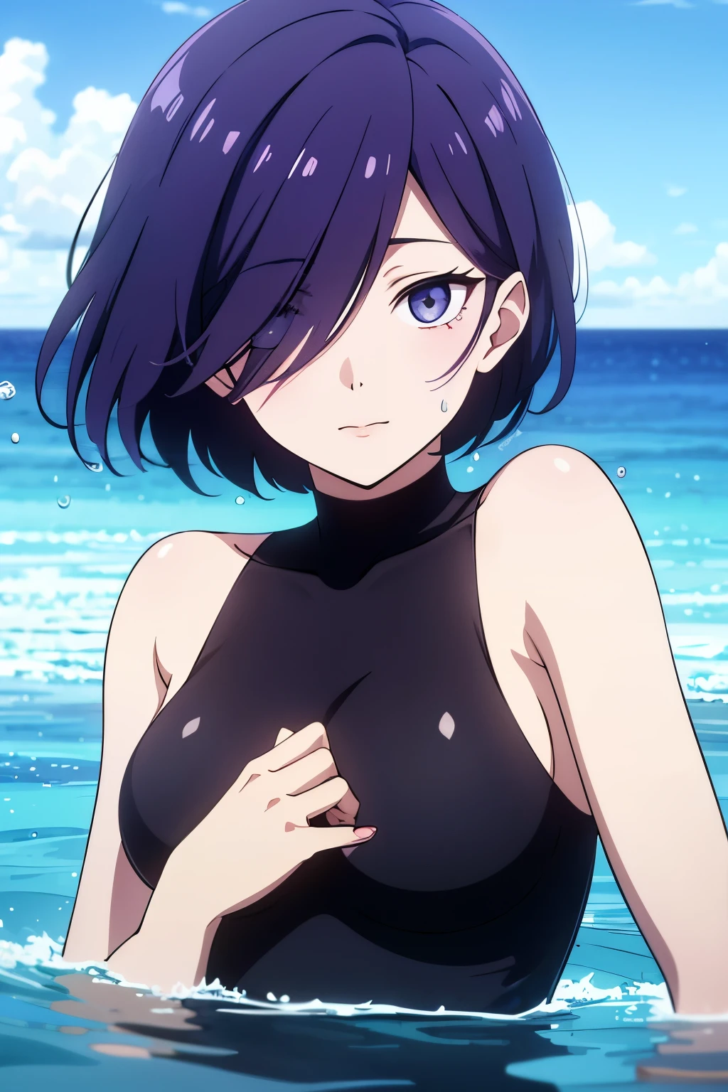 Girl, short blue-purple hair covering half of her left face and left eye, beautiful face, calm and cool features, blue-purple eyes, detailed and nice body, swimsuit, Touka Kirishima, Tokyo Ghoul Style, designed by Touka Kirishima , Short hair covering her left eye, Touka Kirishima Style , Sea background, water drops 