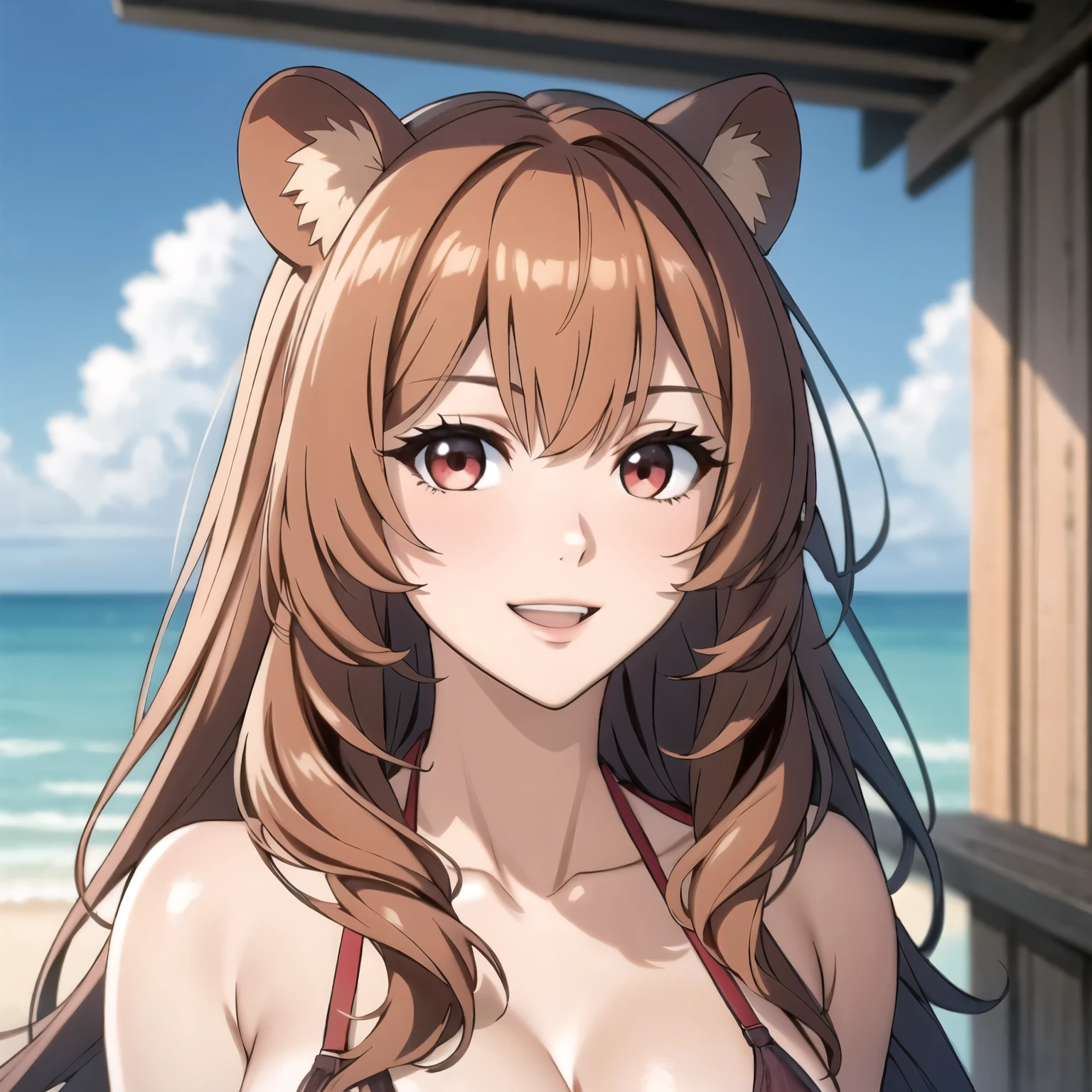 obra maestra, Mejor calidad, 1 chica, Raphtalia orejas de oso. cabello naranjo. brillante, red eyes like rubies, piel clara, pechos grandes, sonrisa feliz, rostro en primer plano frente al observador. rostro hermoso detallado. bikini rojo.