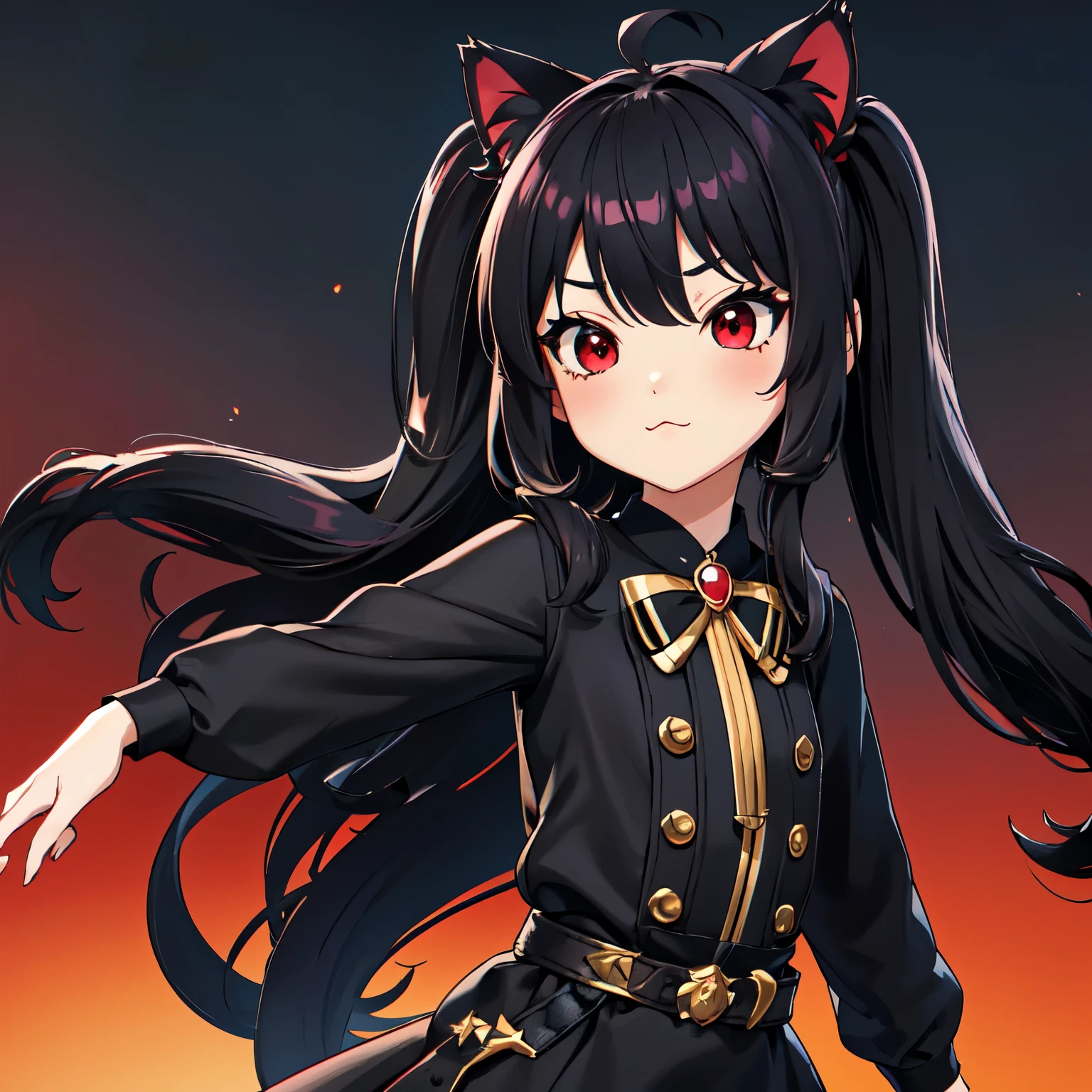 ,((long hair slightly wavy slightly past the shoulders, black bangs, small black pigtails on the sides, cute cat ears, beautiful thin red eyes,)), Chica anime con cabello largo y negro, chica anime running, young chica anime, chibi chica anime, lindo!! Chibi!!!, chica anime, bruja, chica en uniforme, chica chibi, lindo chica anime, anime chibi, lindo chica anime portrait, chica anime, lindo bruja, chica anime with medium long hair, Personaje de anime femenino de cabello negro, Little red devilish eyes, Little tsundere demon, posando en vestido blanco, chibi, Chibi lindo, chibi, mini size, lindo girl, 2nd class, 3rd class, 2 chica, 2 chicas, magia, mago, figura diminuta