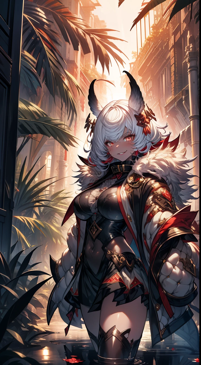 realistic photo of slaved (savage, tribal, jungle)_vampire with (white hair), bat fur, coat|wings, ((fangs)), colorful extremely_detailed_(tribal, jungle)_tight_(lacy, leather, fur, silk, satin, latex)_(clothing, skirt), high collar, detailed face, detailed beautiful shiny red eyes, slit pupils, metallic reflections, ((tatooed, marked)_with_shining_runes)_fit_muscular_body, shiny skin, tropical city ruins fog, 1girl, natural breasts, medium length white hair, masterpiece, best quality, beautiful and aesthetic:1.2, fractal art:1.4