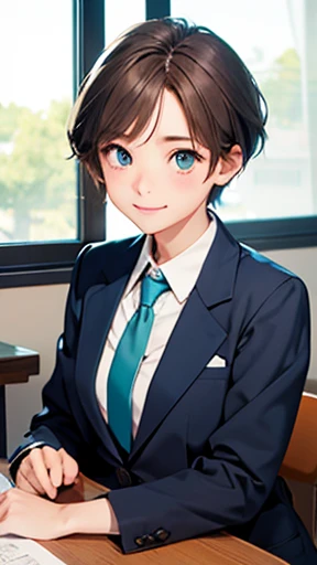 highest quality、realistic、Japanese、girl、zoom、look up、cute、Turquoise eyes、very short hair、boyish、chestnut hair、all back、The forehead is out、classroom、gray blazer、white blouse、blue tie、sit down、A big smile on her face, her chin resting on her desk、close up face、slender、small breasts