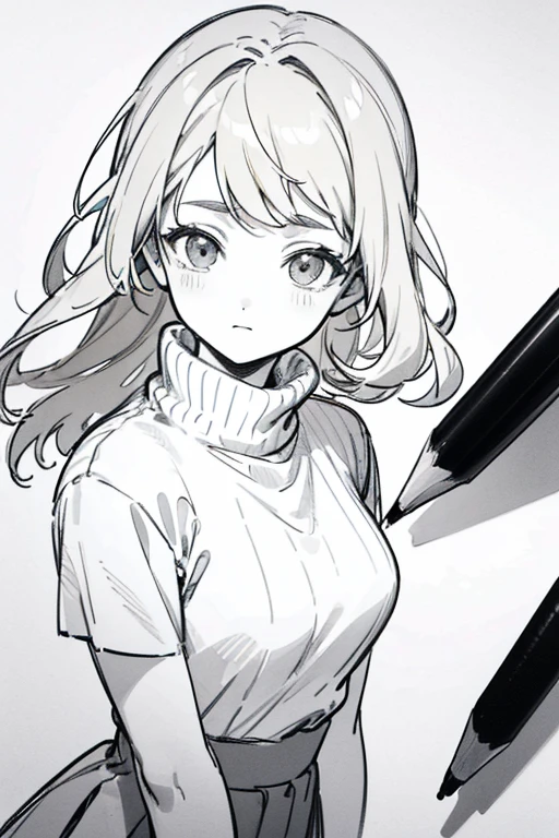 ((highest quality)), ((masterpiece)), (be familiar with), perfect face、girl、pencil、anime style、Flaxen Turtleneck Sweater、skirt、whole body、draft、monochrome、rough