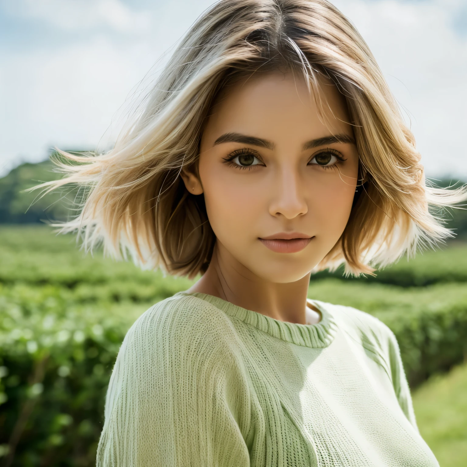 Uma garota com cabelos roxos e olhos verdes 