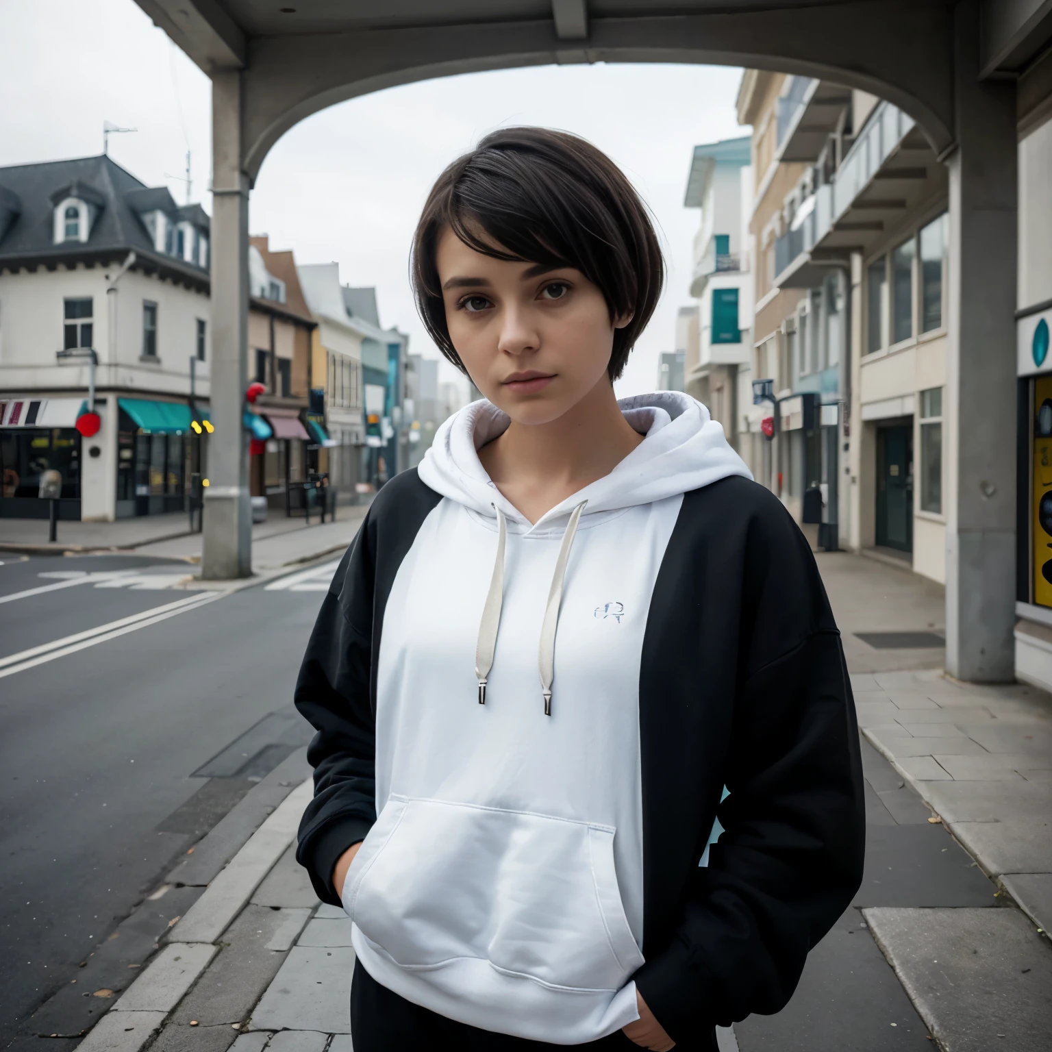 ((Monocrhome)), blurred background, dark, (capucha) determined, cute, chiaroscuro, black and white, 90s girl, minimalistic, beautifull, ((photoshot)), wearing a hoodie, black clothes, girl with pixie cut hairstyle, woman, dark background highlighting the figure. Natural lighting, stunning realism, minimalistic, boulevard, city bouildings, foggy, oceanfront street, sky, clouds, (hoodie on), future bass, nadia.