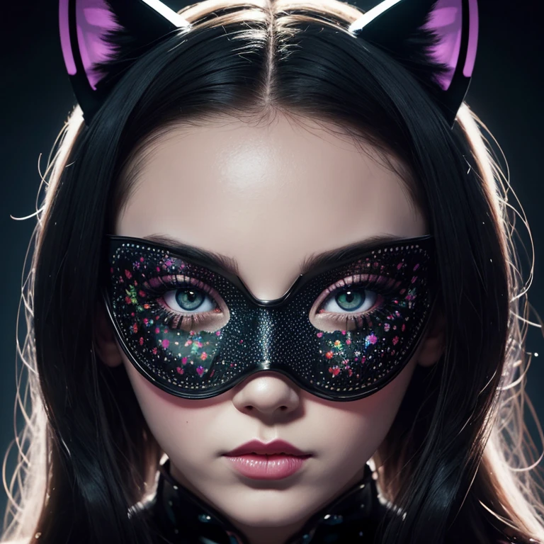 front portrait Photography, transparent dark plexiglass printed with dots colors cat woman mask, an attractive, 80 degree view, art by Sergio Lopez , Natalie Shau, James Jean and Salvador Dali