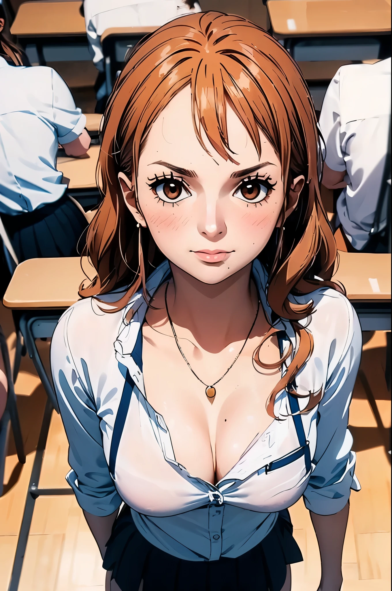(masterpiece: 1.3), (maximum resolution: 1.2), (ultra high definition tv: 1.2), Cinema lights, ultra high definition tv, (Detailed eyes and skin), (detailed facial features), human development report, 8K resolution, sharp focus: 1.2, perfect style, pretty face, precise, anatomically correct, Highly detailed facial and skin textures, delicate eyes, brown eyes, double eyelids, Thin eyebrows, glitter eyeliner: 1.2, natural cheeks, shiny skin, White skin: 1.2, sparkly necklace and earrings, (glossy lips: 1.4),
rest
first-person-view, Sexy high school clothes, (Awkward:1.2), (blush:1.2), innocent and cute girl, (high ponytail, curls, light brown hair, side fringe), medium long hair,
rest
(full-body shot: 1.2), (from below:1.3), (focus on legs), ((Very intimate: 1.2)), (Medium large breasts:1.1), ((standing on school chair,legs together)), (Pose with your skirt slightly raised:1.2)),
rest
(((in the classroom: 1.2)), (looking down at the audience:1.2)),