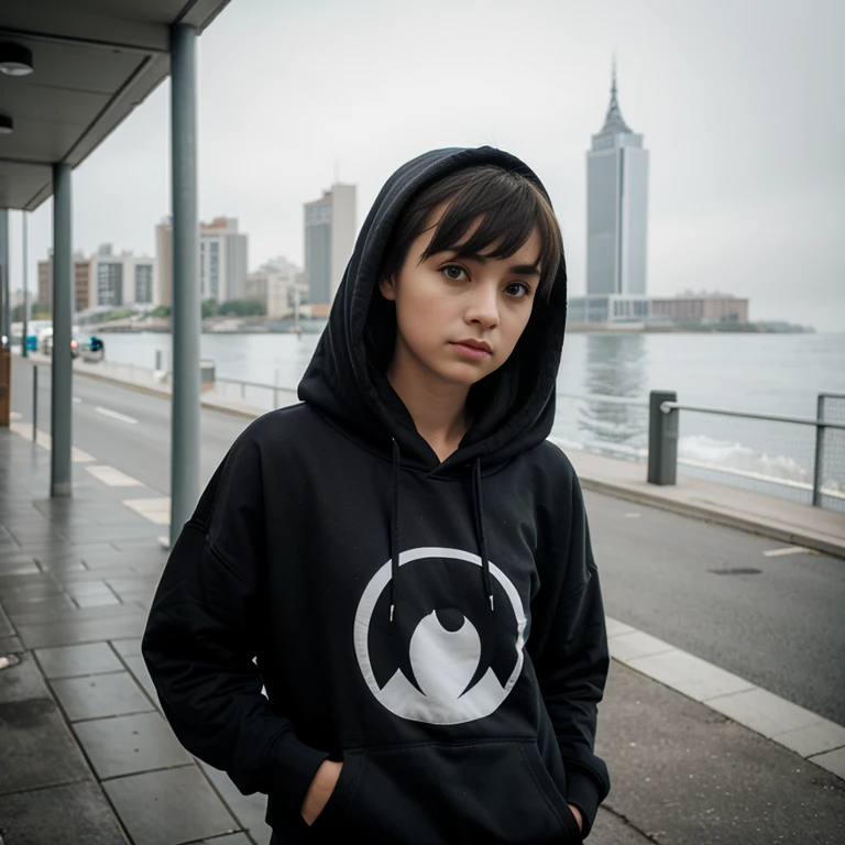 looking to the horizon, ((Monocrhome)), blurred background, dark, (capucha) determined, cute, chiaroscuro, black and white, 90s girl, minimalistic, beautifull, ((photoshot)), wearing a hoodie, black clothes, girl with pixie cut hairstyle, woman, dark background highlighting the figure. Natural lighting, stunning realism, minimalistic, boulevard, city bouildings, foggy, oceanfront street, sky, clouds, (hoodie on), future bass, nadia.