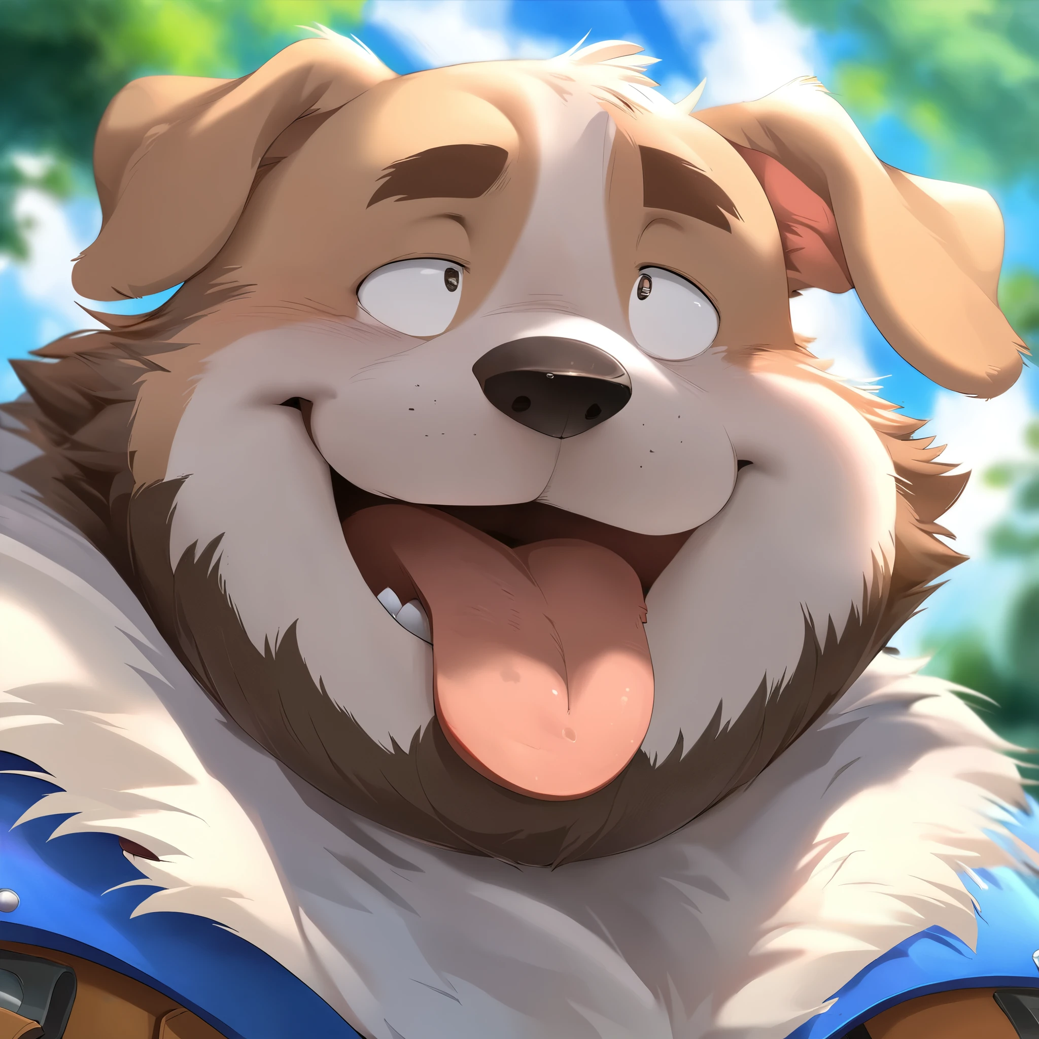 anthro, kemono, male, solo, ((round face, very plump face, thick beard)), ((endomorph body type, old-aged)), ((adventure costume:1.5)), ((domestic dog, dog) fluffy fur, fluffy), (at lawn hills, blue sky clouds), bokeh, (face focus, headshot), detailed background, (high quality, highres, masterpiece), (dynamic lighting, vivid color), (silly face, tongue out, funny face, furrowed eyes), (humorous person), (dynamic pose), (close up persective), (animaginexl:1.3), (upperbody), (dreamy looks)