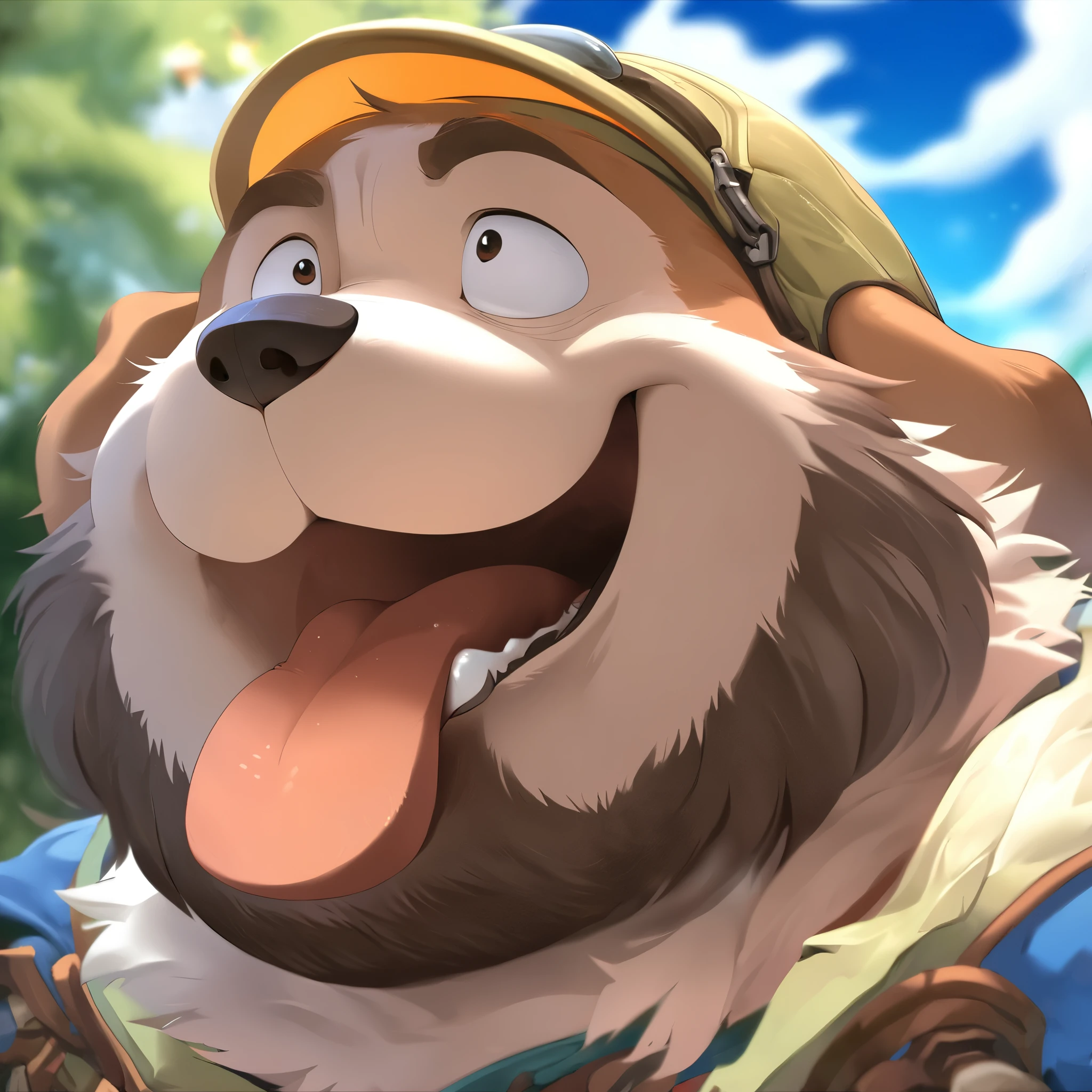 anthro, kemono, male, solo, ((round face, very plump face, thick beard)), ((endomorph body type, old-aged)), ((adventure costume:1.5)), ((domestic dog, dog) fluffy fur, fluffy), (at lawn hills, blue sky clouds), bokeh, (face focus, headshot), detailed background, (high quality, highres, masterpiece), (dynamic lighting, vivid color), (silly face, tongue out, funny face, furrowed eyes), (humorous person), (dynamic pose), (close up persective), (animaginexl:1.3), (upperbody), (dreamy looks)