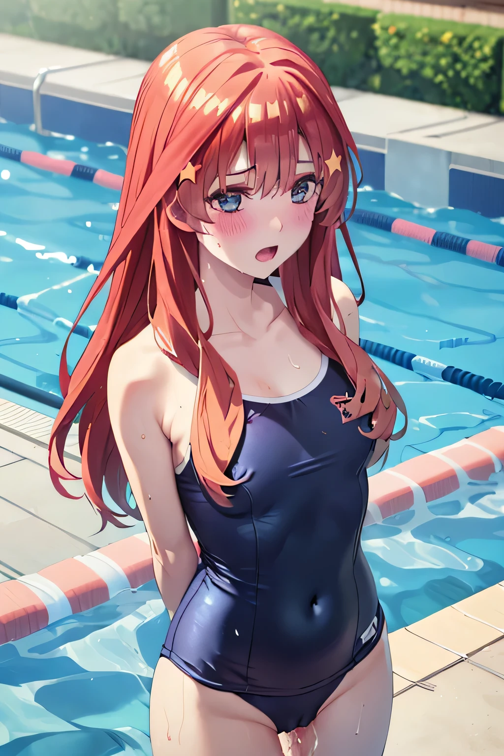 pieces fly、masterpiece、highest quality、Super detailed、High resolution、High resolution、8K portrait、High resolution CG of Unity 8k wallpaper、unity 8k wallpaper、cute:1.5、slender body:1.5、Highly detailed CG unity 8k wallpaper、realistic、real person、cute、 portrait photography、shiny skin、slender body、High resolution、Vermillion semi-long hair、(:1.2)、(1 girl)、(school poolside:1.6)、perfect face, seriously, (blush:1.5),(midium breasts:0.8),(navy blue school swimsuit:1.2),(tits topless:1.2),((Orgasm in the vagina:1.5)),(star hair ornament:1.2),(looking at viewer: 1.2),(angle from the front:1.2),(squat),(hand on own chin)