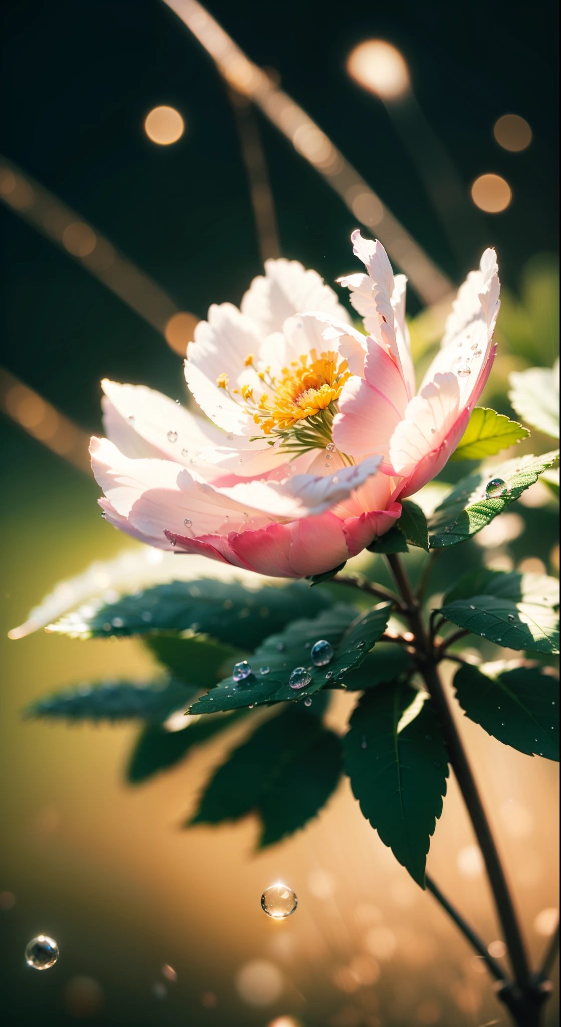 Divinely beautiful microscopic world , Masterpiece , Macro photography , cobweb close up, film grain, chromatic aberration, neon bokeh , smoke , highly detailed, Bright sunny weather, microflowers, drops, blur, Peonies