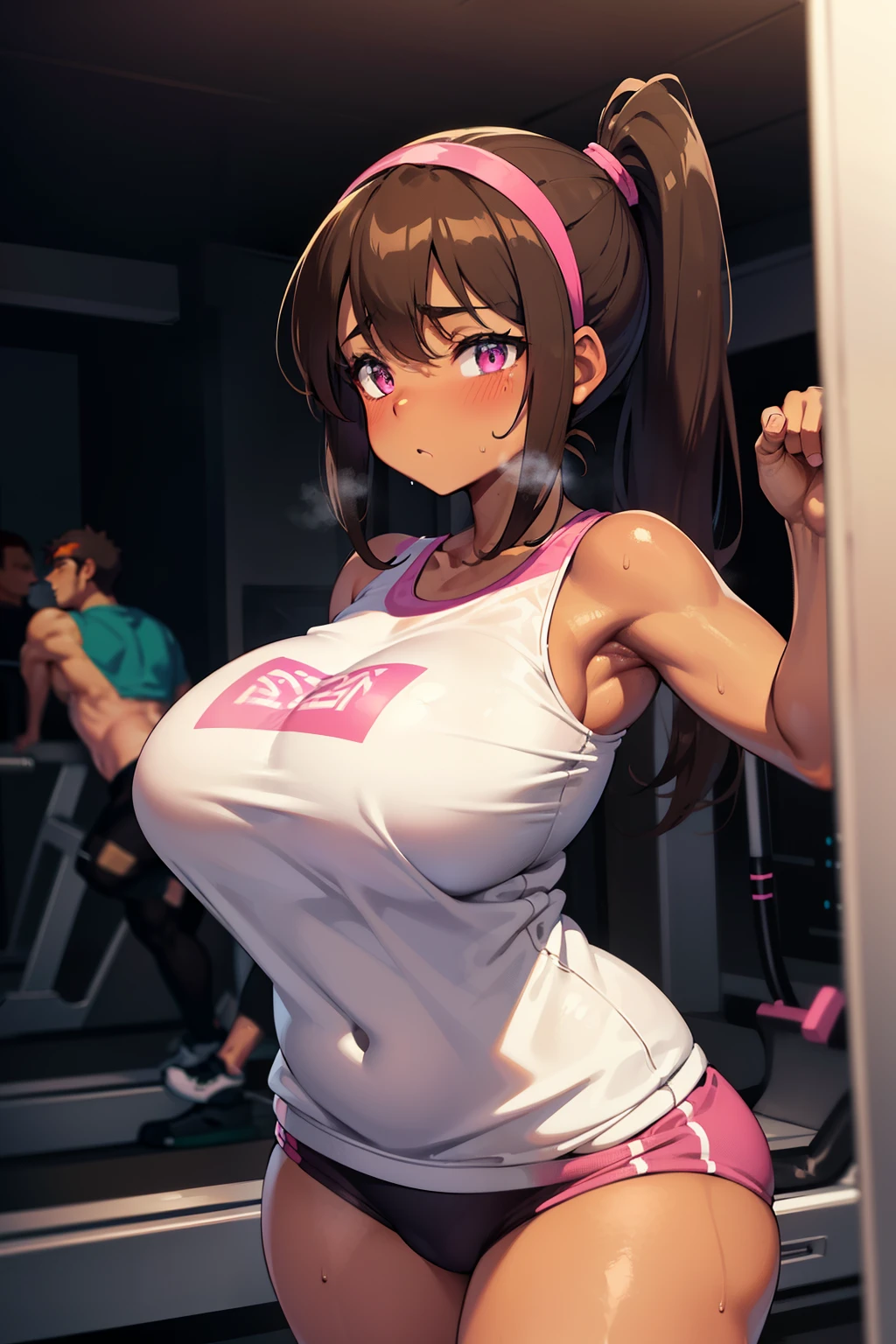 gym, exersice, hot, dark skin, brown skin, brown, sweating, sweaty, big ,brown skin, dark skin,tan, lifting, flustered, blush, black clothes, brown hair, long hair, headphones, brown skin, tan, darkskin, big , headset, white pink shirt, side ponytail, sexy body, big , adult body,brown hair, in pain, treadmill, running on treadmill, sprinting, sprinting on treadmill, pink headband, pink eyes, spring, sprinting on treadmill, , darkskin, brown skin, chubby, chubby body , brown skin, dark skin , big boobd , curvy girl