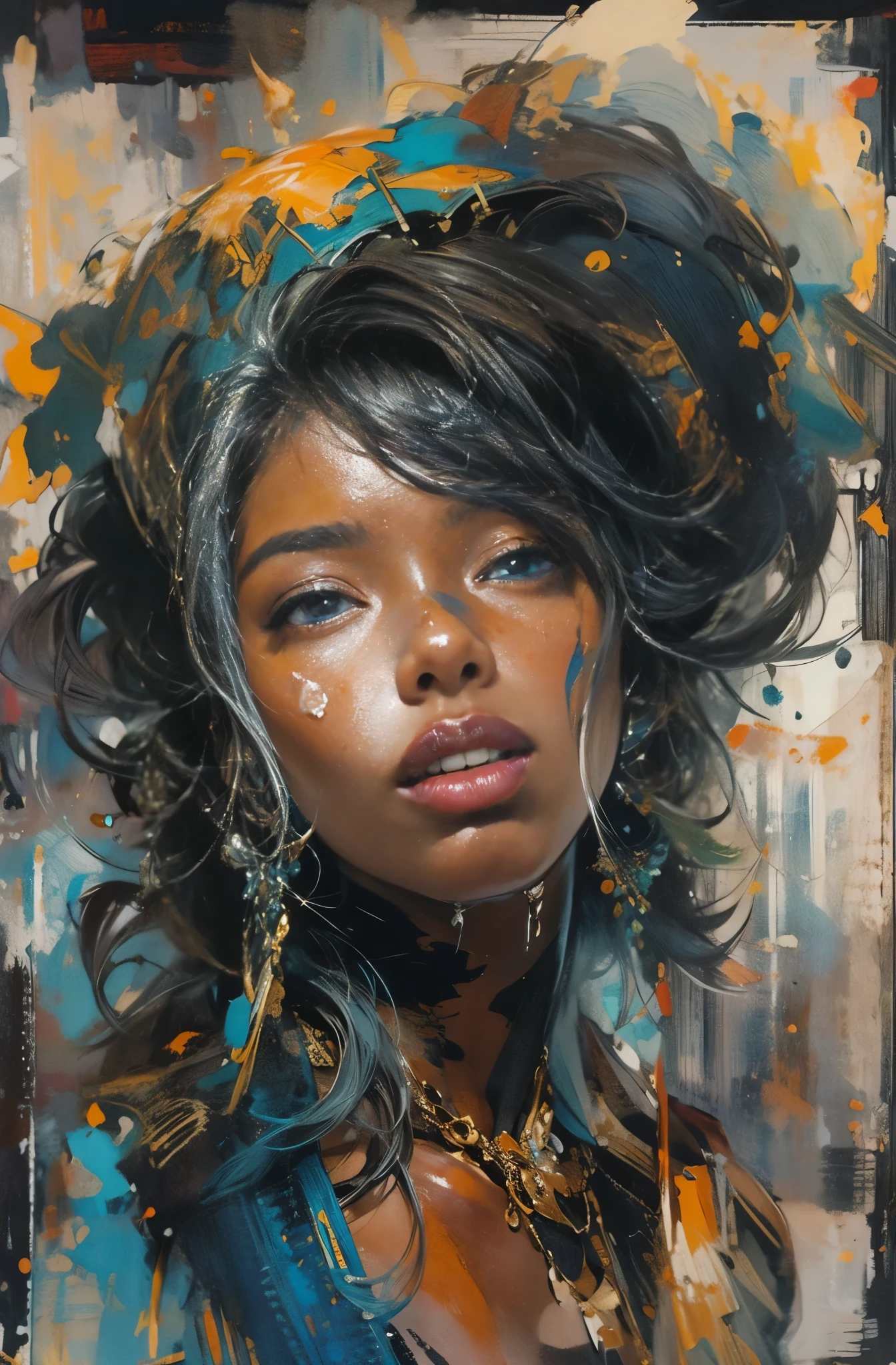 Beautiful Black Women Paintings, pretty much beautiful face, hip hop, soulful, Avant-garde, Queen of the Streets, check it out, Ultra-detailed paintings inspired by WLOP, art station trends, fantasy art, A complicated mess, The art of hitting, wallop art, WLOP |, wallop style, beautiful character drawings, Wlop painting style, WLOP | germ of art, Unparalleled Beauty Tumbler, figurative art, intense watercolor, watercolor detailed art, watercolor splash, surreal, avant-garde pop art, Beautiful and expressive paintings, Beautiful artwork illustration, very colorful tones, wonderful, cool beauty, masterpiece, highest quality, official art, women only, sharp outline, best shot, vector art, Written by Sandra Chevrier, dave mckean、By Richard Avedon、Written by Makiezi Kusiala, luminous design