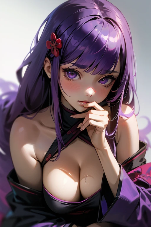 1 girl, dull bangs, Braid, wide sleeve, hair ornaments, kimono, red obi, (purple hair:1.2), very long hair, straight hair, looking at the viewer, highly detailed background, (realistic:1.2), fine eyes, red eyeshadow, Depth of written boundary,thigh, (Ulzzang-6500:0.7), Upper body, (alone:1.2), (cyberpunk city:1.1), cleavage, (put your finger on your lips:1.1),shiny skin、Sit at the bar counselor、tears、