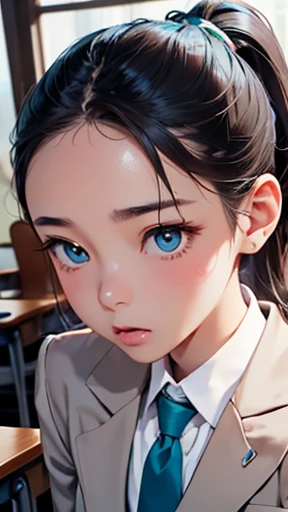 highest quality、realistic、Japanese、girl、zoom、look up、cute、Turquoise eyes、ponytail、chestnut hair、all back、The forehead is out、classroom、gray blazer、white blouse、blue tie、sit down、Yawn、stretch、close up face、slender、small breasts