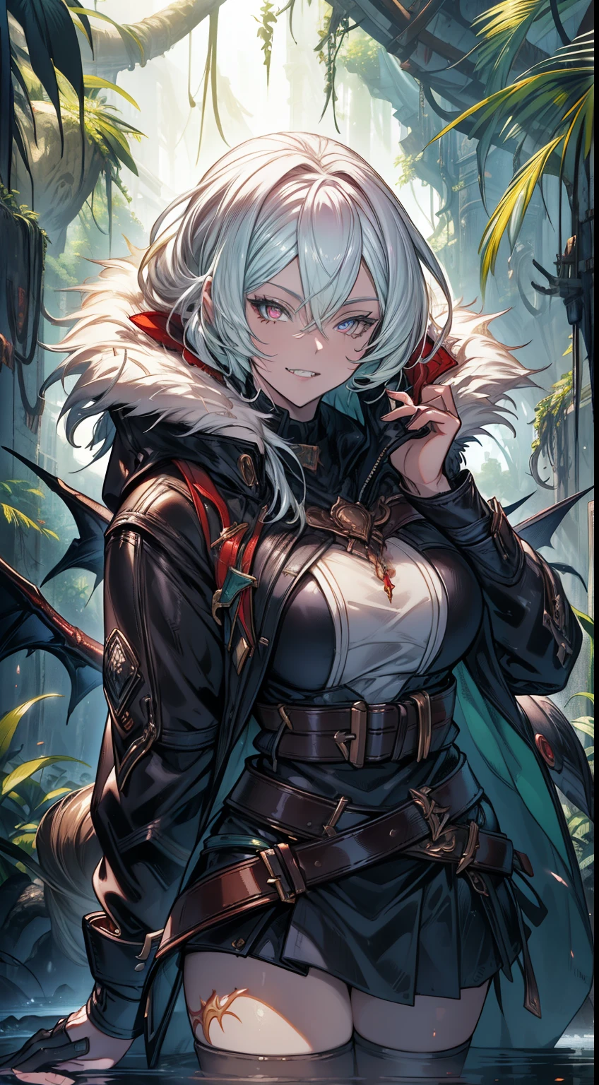 realistic photo of slaved (savage, tribal, jungle)_vampire with (white hair), bat fur, coat|wings, ((fangs)), colorful extremely_detailed_(tribal, jungle)_tight_(lacy, leather, fur, silk, satin, latex)_(clothing, skirt), high collar, detailed face, detailed beautiful shiny red eyes, slit pupils, metallic reflections, ((tatooed, marked)_with_shining_runes)_fit_muscular_body, shiny skin, tropical city ruins fog, 1girl, natural breasts, medium length white hair, masterpiece, best quality, beautiful and aesthetic:1.2, fractal art:1.4