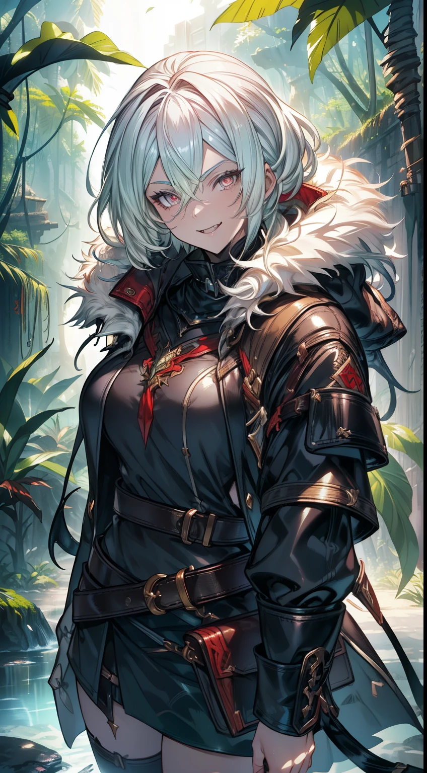 realistic photo of slaved (savage, tribal, jungle)_vampire with (white hair), bat fur, coat|wings, ((fangs)), colorful extremely_detailed_(tribal, jungle)_tight_(lacy, leather, fur, silk, satin, latex)_(clothing, skirt), high collar, detailed face, detailed beautiful shiny red eyes, slit pupils, metallic reflections, ((tatooed, marked)_with_shining_runes)_fit_muscular_body, shiny skin, tropical city ruins fog, 1girl, natural breasts, medium length white hair, masterpiece, best quality, beautiful and aesthetic:1.2, fractal art:1.4