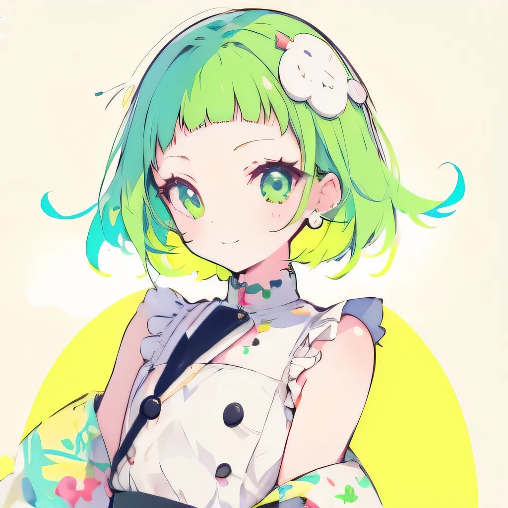 Girly girl, happy, colorful, flat, harajuku, posing, green hair, innocent, smiling, beautiful, face focus, face close-up, short bangs, childish, cute, bubbly, white background, Jack-O' Challenge Pose