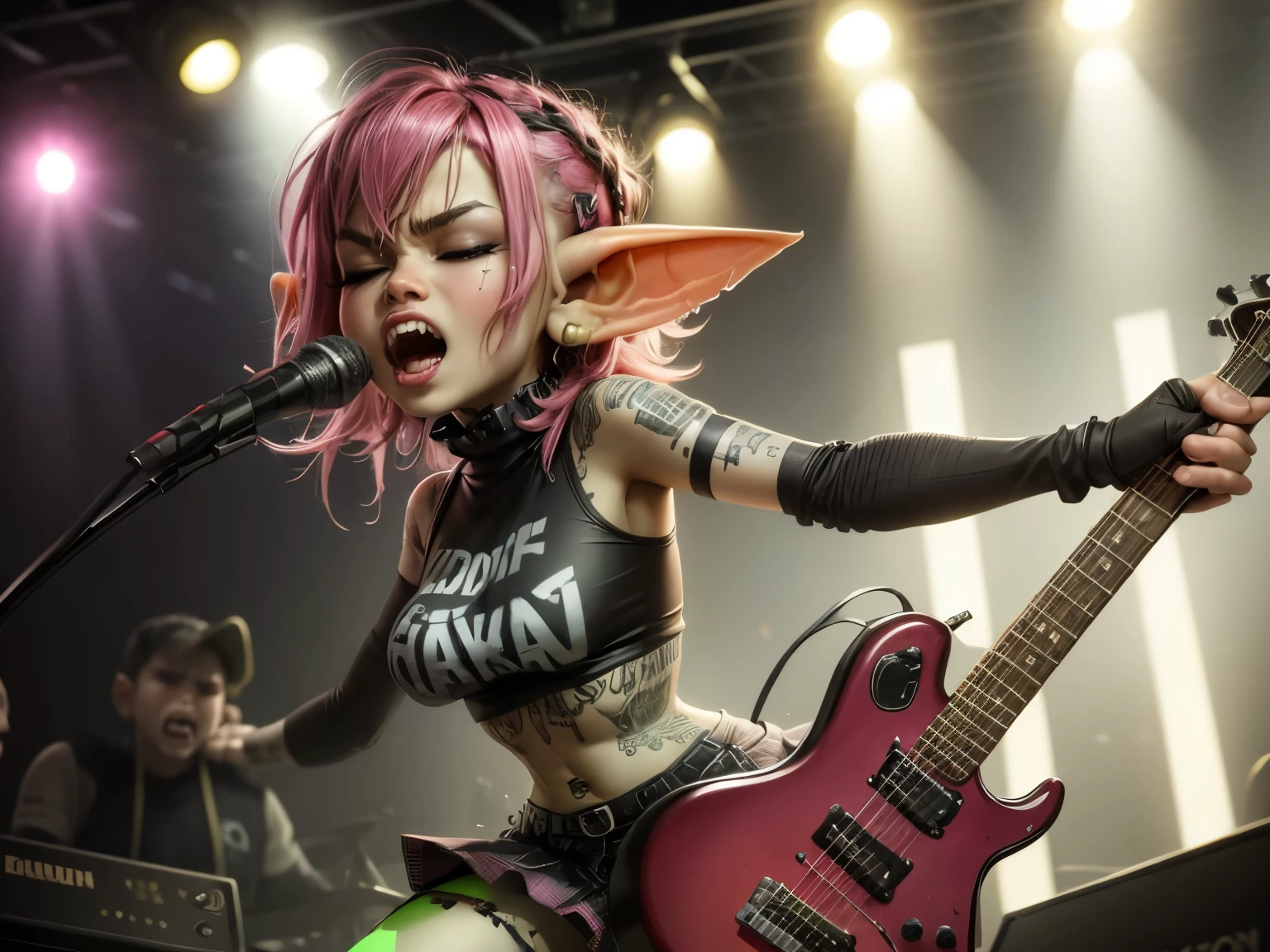 absurd resolution, ((best quality)), ((masterpiece)), (very detailed), 4k, goblin girl, hardcore punk rocker, pink hair, brown eyes, cropped shirt, red punk skirt, pink eye makeup, ripped fishnets, on stage performing in small punk club, green skin, small pointy ears, screaming into microphone, eyes closed, angry, dynamic pose, fishnet body suit, holding electric guitar