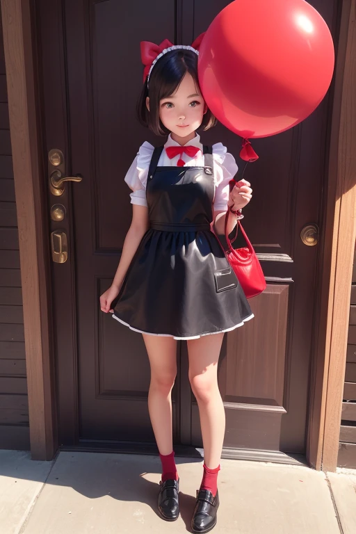 a  girls, ((she is having a red balloon)) , real photo, (((full body))), (looking down at me),  bob hair, big ribbon on he hair, (apron leather dress), 