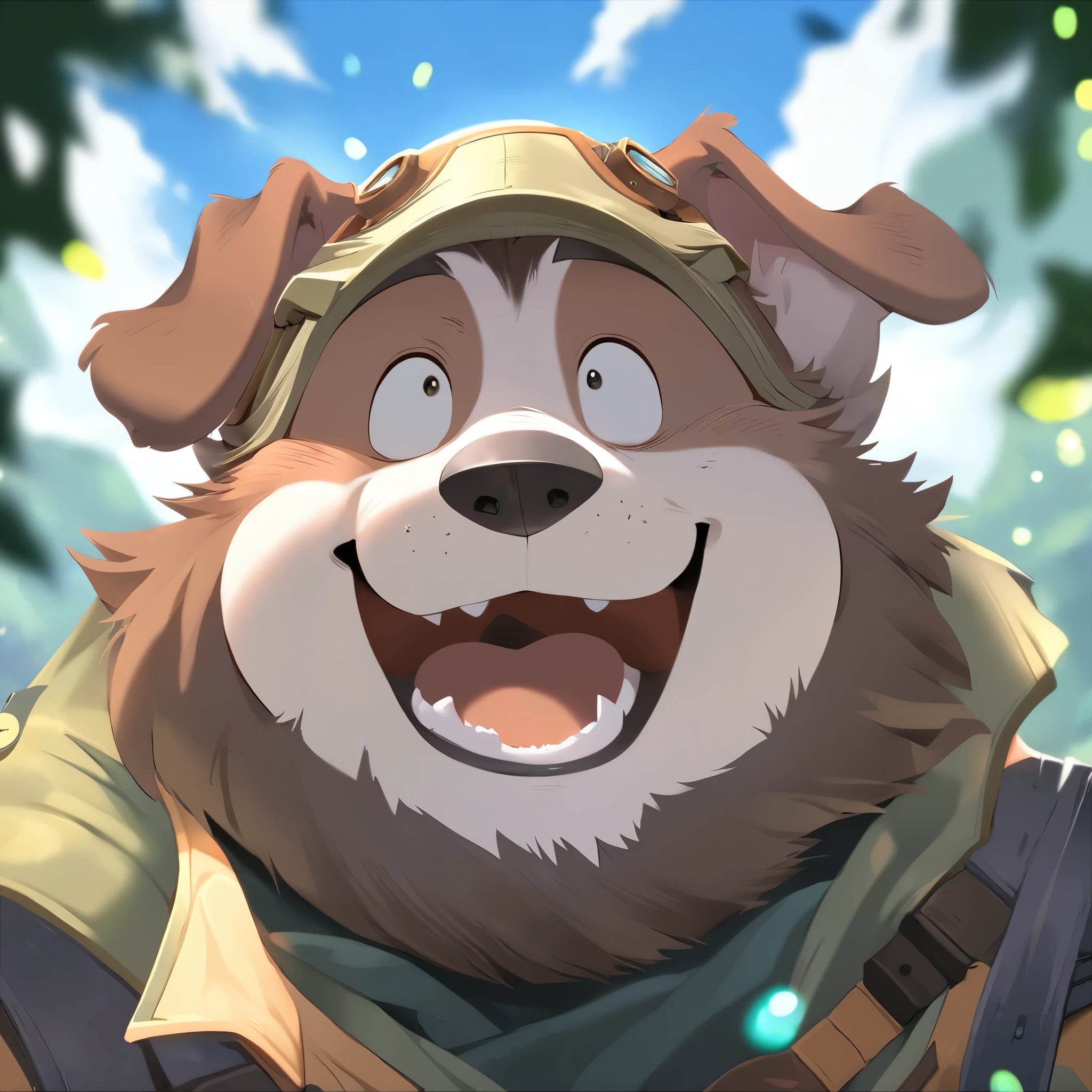 anthro, kemono, male, solo, ((round face, very plump face, thick beard)), ((endomorph body type, old-aged)), ((adventure costume:1.5)), ((domestic dog, dog) fluffy fur, fluffy), (at lawn hills, blue sky clouds), bokeh, (face focus, headshot), detailed background, (high quality, highres, masterpiece), (dynamic lighting, vivid color), (crazy laugh), (humorous person), (dynamic pose), (close up persective), (animaginexl:1.3), (upperbody), (dreamy looks)