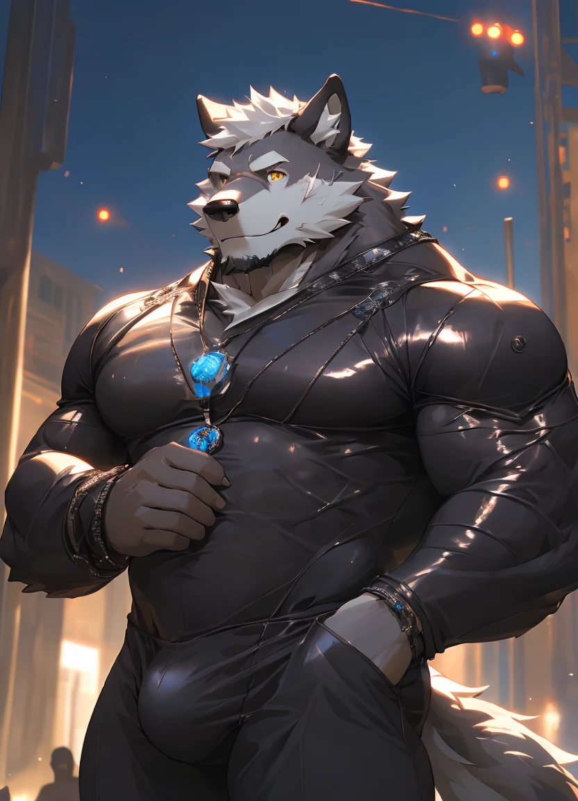 A man standing,hairy,very detailed,wolf,gray fur,white hair,large bulge,golden pupils,muscular,smile(blushing 1.1),(full-body black rubber catsuit 1.2),(best quality,4k,8k,highres,masterpiece:1.2),ultra-detailed,(realistic,photorealistic,photo-realistic:1.37),HDR,UHD,studio lighting,ultra-fine painting,sharp focus,physically-based rendering,extreme detail description,professional,vivid colors,bokeh,portraits,anime,sci-fi,photography