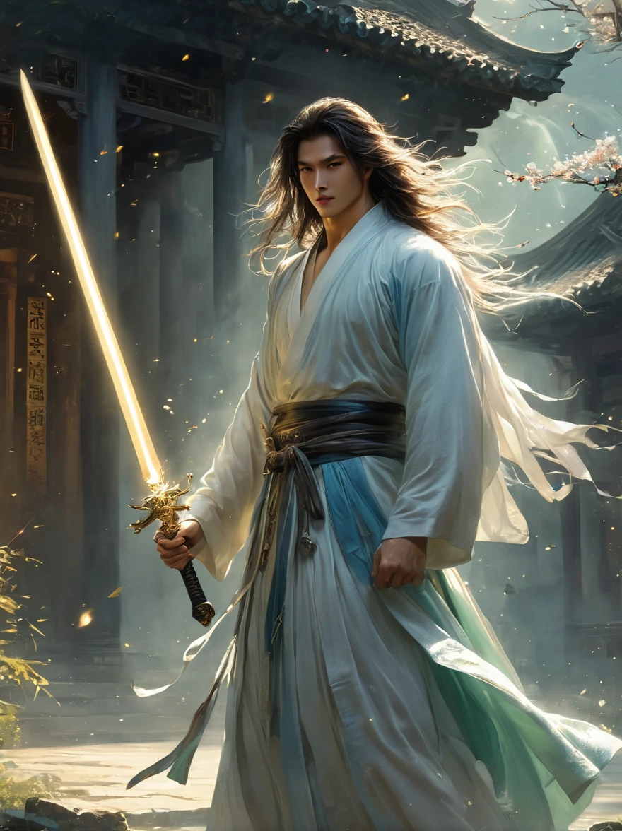 masterpiece, best quality, 1 male, aldult, very pretty face，young, High, Antique Theme,Immortal Spirit，Ancient service, carry sword, Sunlight, street, long hair flying, Sunlight, Background style, breeze blows, Loose robe, Fantasy landscape, Starlight around the character, (whole body)
