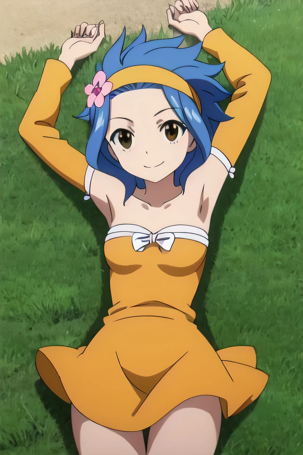 LEVY MCGARDEN, (BROWN EYES:1.35), BLUE HAIR, SHORT HAIR, SIDELOCKS, HAIR ORNAMENT, DRESS, BARE SHOULDERS, COLLARBONE, FLOWER, DETACHED SLEEVES, HAIR FLOWER, STRAPLESS, HEADBAND, SHORT DRESS, STRAPLESS DRESS, ORANGE DRESS, 1girl, smile, solo, on back, arms up, spread arms, cowboy shot, closed mouth, looking at viewer, on grass, in the center,